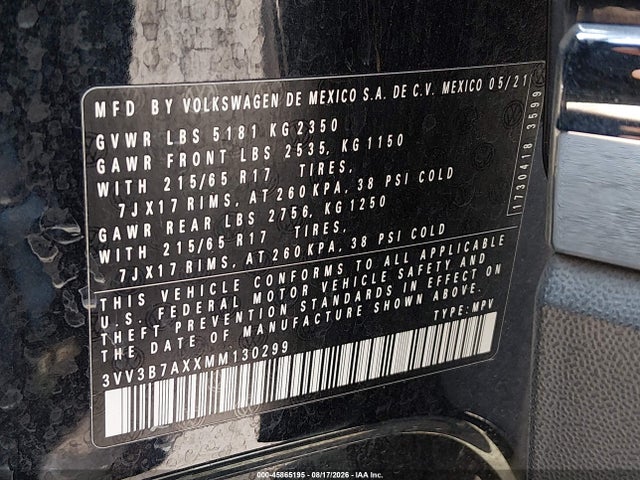 2021 Volkswagen Tiguan 2.0t Se/2.0t Se R-line Black/2.0t Sel მანქანა იყიდება აუქციონზე, vin: 3VV3B7AXXMM130299, აუქციონის ნომერი: 45865195