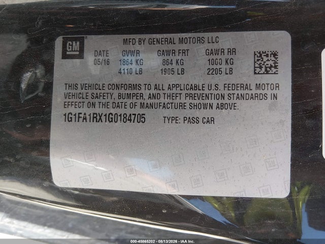 Aukcja sprzedaży 2016 Chevrolet Camaro Lt, vin: 1G1FA1RX1G0184705, numer aukcji: 45865202