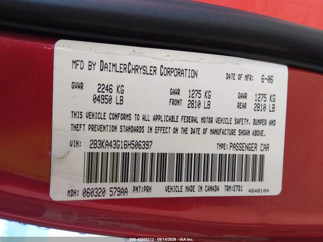 2006 Dodge Charger მანქანა იყიდება აუქციონზე, vin: 2B3KA43G16H506397, აუქციონის ნომერი: 45865213