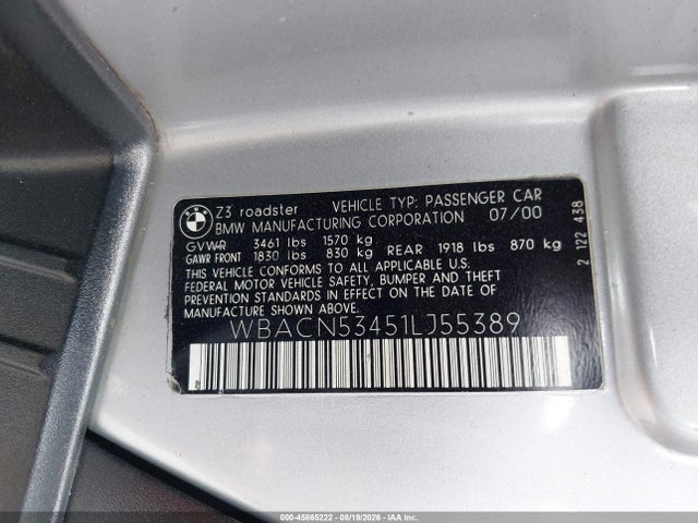 2001 Bmw Z3 3.0i მანქანა იყიდება აუქციონზე, vin: WBACN53451LJ55389, აუქციონის ნომერი: 45865222