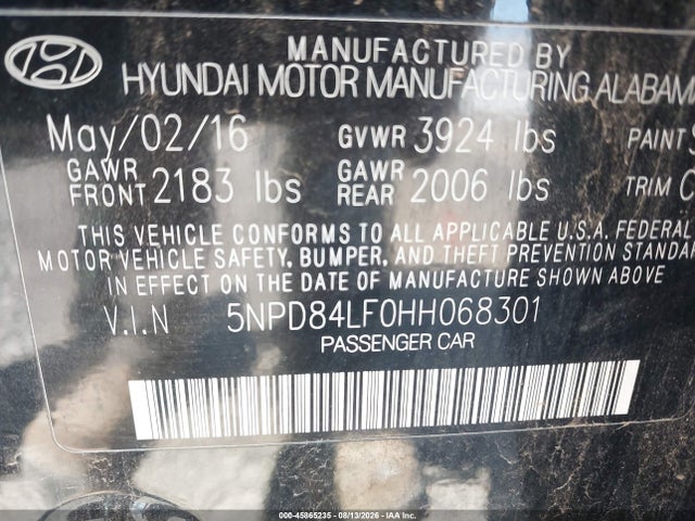 Aukcja sprzedaży 2017 Hyundai Elantra Limited, vin: 5NPD84LF0HH068301, numer aukcji: 45865235