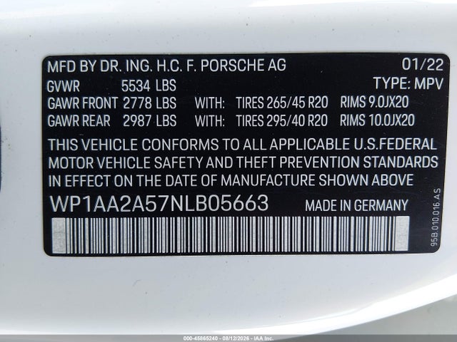 2022 Porsche Macan მანქანა იყიდება აუქციონზე, vin: WP1AA2A57NLB05663, აუქციონის ნომერი: 45865240