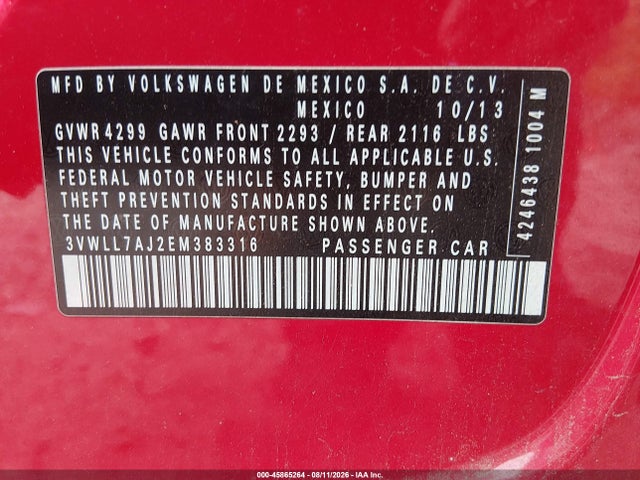 2014 Volkswagen Jetta 2.0l Tdi მანქანა იყიდება აუქციონზე, vin: 3VWLL7AJ2EM383316, აუქციონის ნომერი: 45865264