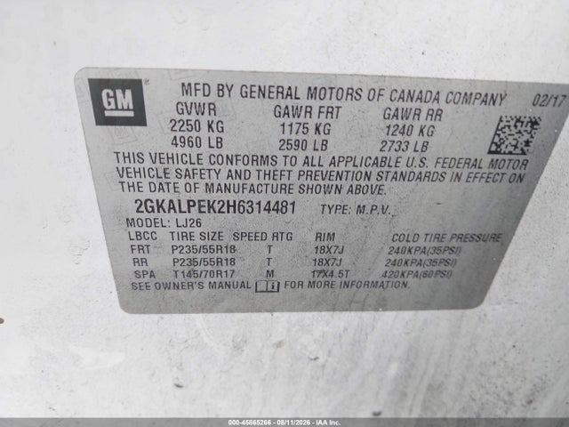 45865266 :رقم المزاد ، 2GKALPEK2H6314481 vin ، 2017 Gmc Terrain Slt مزاد بيع