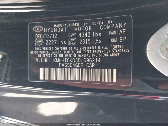 Продаж на аукціоні авто 2013 Hyundai Genesis 2.0t, vin: KMHHT6KD3DU096214, номер лоту: 45865273