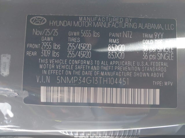 2026 Hyundai Santa Fe Hybrid Limited მანქანა იყიდება აუქციონზე, vin: 5NMP34G13TH104451, აუქციონის ნომერი: 45865275
