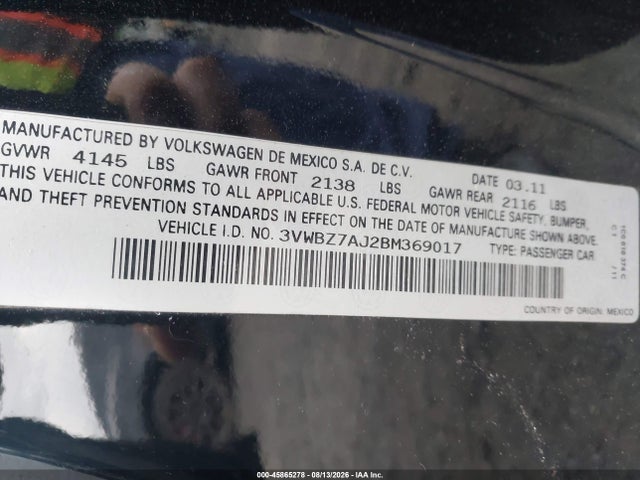 2011 Volkswagen Jetta 2.5l Se მანქანა იყიდება აუქციონზე, vin: 3VWBZ7AJ2BM369017, აუქციონის ნომერი: 45865278