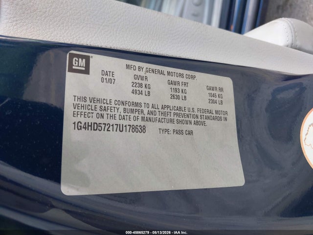 45865279 :رقم المزاد ، 1G4HE57217U178638 vin ، 2007 Buick Lucerne مزاد بيع