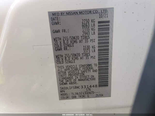 Продажа на аукционе авто 2022 Infiniti Qx60 Luxe Awd, vin: 5N1DL1FS8NC331448, номер лота: 45865290