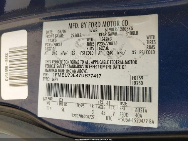 2007 Ford Explorer Xlt მანქანა იყიდება აუქციონზე, vin: 1FMEU73E47UB77417, აუქციონის ნომერი: 45865304