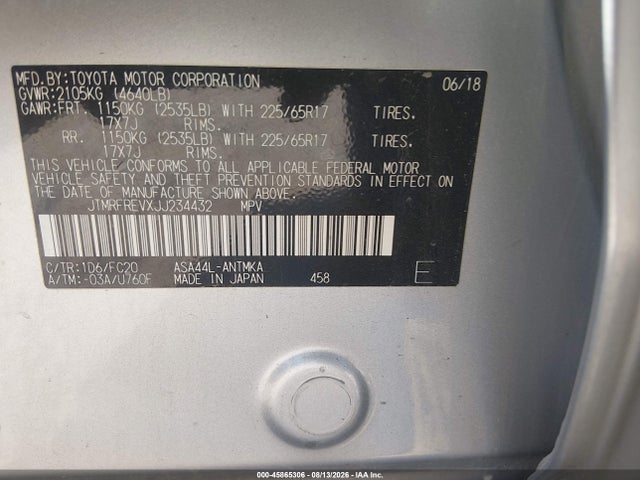 45865306 :رقم المزاد ، JTMRFREVXJJ234432 vin ، 2018 Toyota Rav4 Adventure/xle مزاد بيع