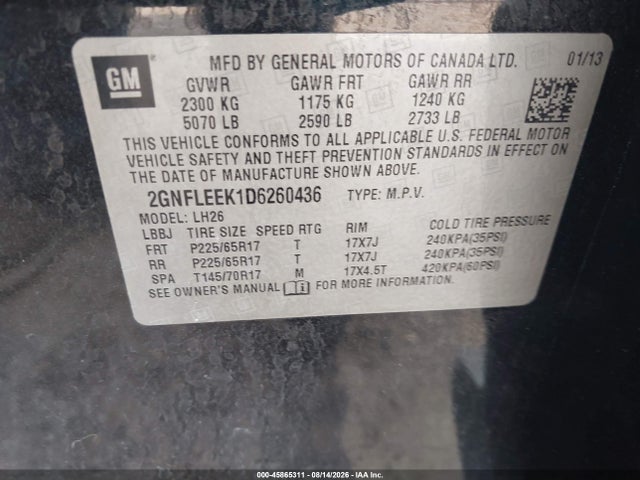 Продаж на аукціоні авто 2013 Chevrolet Equinox Lt, vin: 2GNFLEEK1D6260436, номер лоту: 45865311