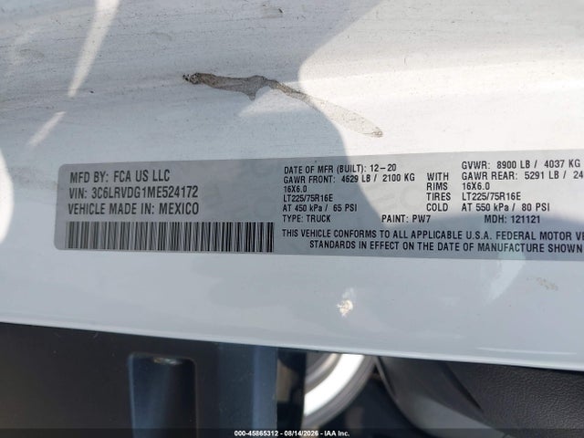 Aukcja sprzedaży 2021 Ram Promaster 2500 High Roof 159 Wb, vin: 3C6LRVDG1ME524172, numer aukcji: 45865312