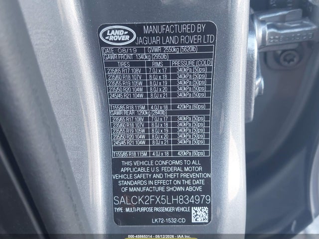 Продаж на аукціоні авто 2020 Land Rover Discovery Sport Standard, vin: SALCK2FX5LH834979, номер лоту: 45865314