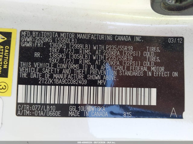 Aukcja sprzedaży 2012 Lexus Rx 350, vin: 2T2ZK1BA9CC082409, numer aukcji: 45865324