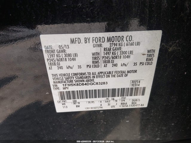 2013 Ford Explorer Xlt მანქანა იყიდება აუქციონზე, vin: 1FM5K8D84DGC83283, აუქციონის ნომერი: 45865326