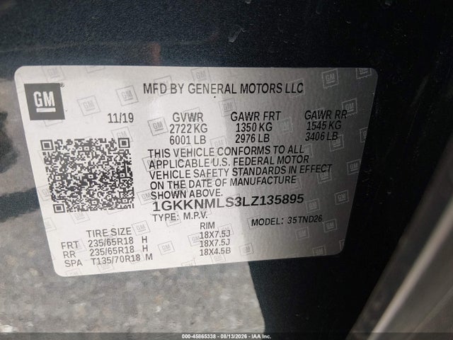 45865338 :رقم المزاد ، 1GKKNMLS3LZ135895 vin ، 2020 Gmc Acadia Fwd Slt مزاد بيع