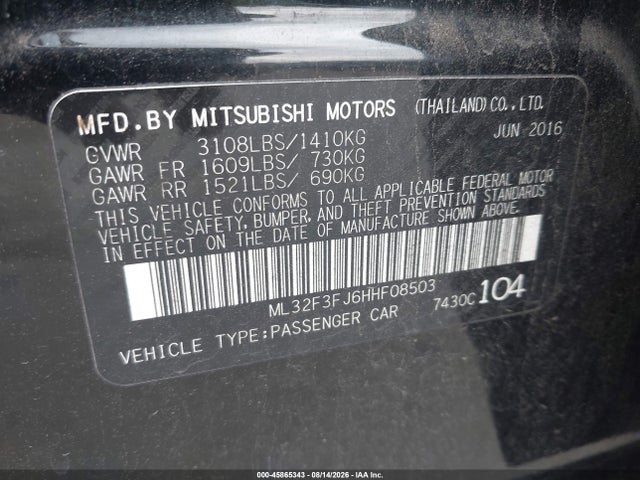 45865343 :رقم المزاد ، ML32F3FJ6HHF08503 vin ، 2017 Mitsubishi Mirage G4 Es مزاد بيع