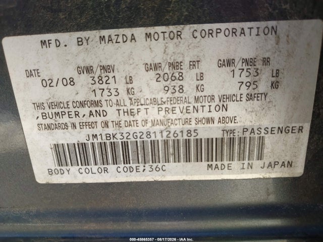 45865357 :رقم المزاد ، JM1BK32G281126185 vin ، 2008 Mazda Mazda3 I Touring Value مزاد بيع