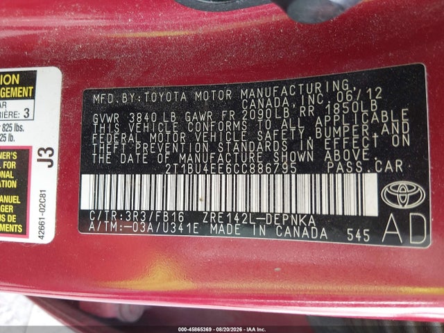 Продажа на аукционе авто 2012 Toyota Corolla Le, vin: 2T1BU4EE6CC886795, номер лота: 45865369