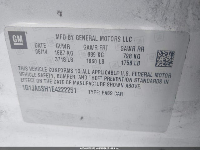 45865370 :رقم المزاد ، 1G1JA5SH1E4222251 vin ، 2014 Chevrolet Sonic Ls Auto مزاد بيع