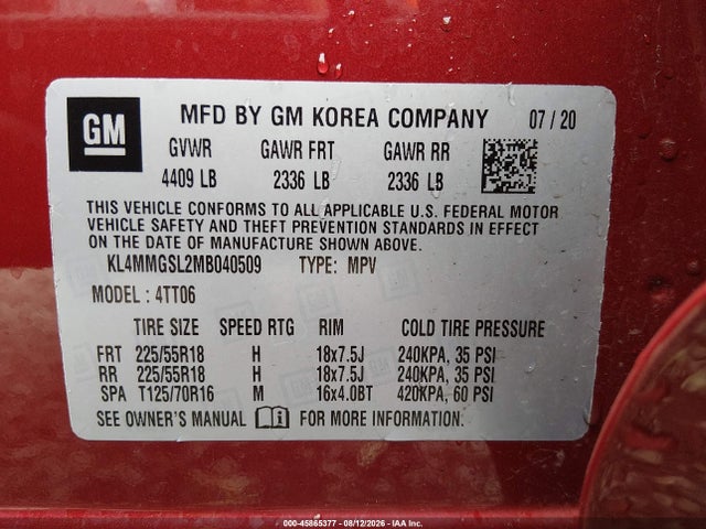 45865377 :رقم المزاد ، KL4MMGSL2MB040509 vin ، 2021 Buick Encore Gx Awd Essence مزاد بيع