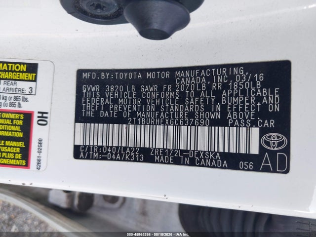 2016 Toyota Corolla S Premium მანქანა იყიდება აუქციონზე, vin: 2T1BURHEXGC637690, აუქციონის ნომერი: 45865398