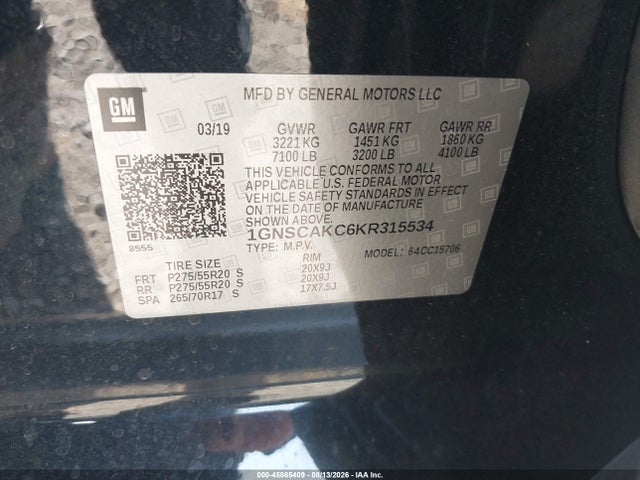 Aukcja sprzedaży 2019 Chevrolet Tahoe Ls, vin: 1GNSCAKC6KR315534, numer aukcji: 45865409