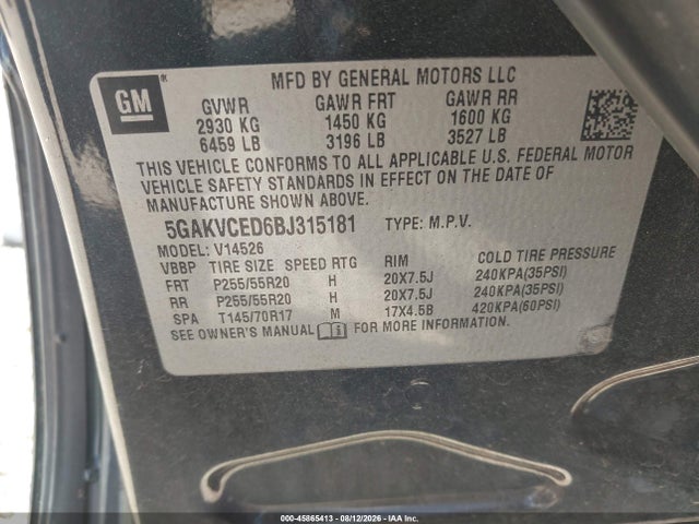 Aukcja sprzedaży 2011 Buick Enclave 2xl, vin: 5GAKVCED6BJ315181, numer aukcji: 45865413