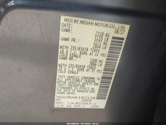 2017 Nissan Murano S მანქანა იყიდება აუქციონზე, vin: 5N1AZ2MGXHN182538, აუქციონის ნომერი: 45865420