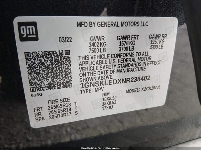 45865424 :رقم المزاد ، 1GNSKLEDXNR238402 vin ، 2022 Chevrolet Tahoe 4wd Commercial Fleet مزاد بيع