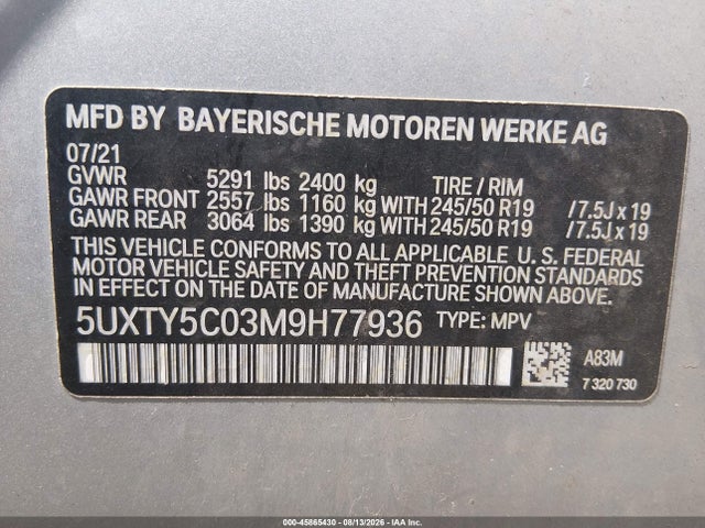 Продаж на аукціоні авто 2021 Bmw X3 Xdrive30i, vin: 5UXTY5C03M9H77936, номер лоту: 45865430