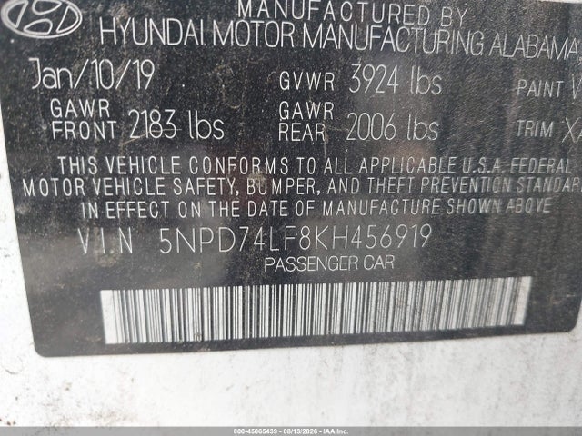 Продажа на аукционе авто 2019 Hyundai Elantra Se, vin: 5NPD74LF8KH456919, номер лота: 45865439
