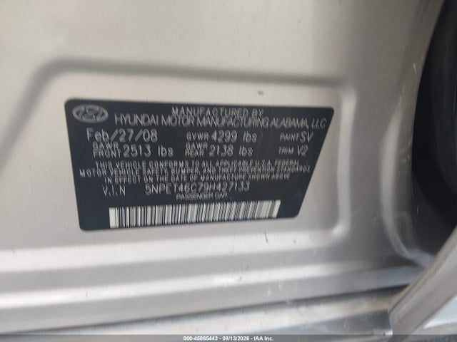 45865443 :رقم المزاد ، 5NPET46C79H427133 vin ، 2009 Hyundai Sonata Gls مزاد بيع