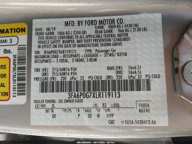 Продаж на аукціоні авто 2020 Ford Fusion S, vin: 3FA6P0G7XLR119113, номер лоту: 45865451