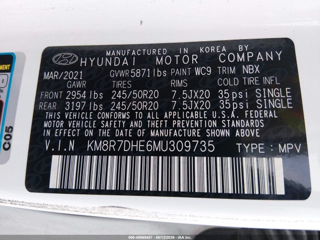 Продажа на аукционе авто 2021 Hyundai Palisade Calligraphy, vin: KM8R7DHE6MU309735, номер лота: 45865457