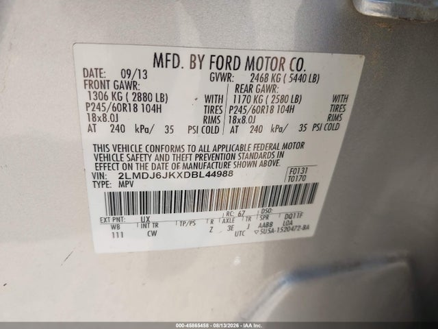 45865458 :رقم المزاد ، 2LMDJ6JKXDBL44988 vin ، 2013 Lincoln Mkx مزاد بيع