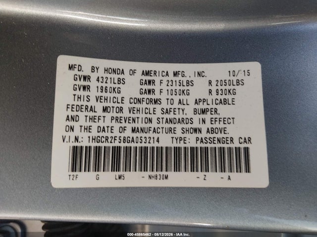 1HGCR2F58GA053214 Honda Accord Sport