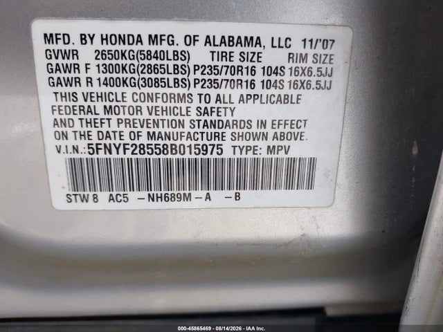 45865469 :رقم المزاد ، 5FNYF28558B015975 vin ، 2008 Honda Pilot Ex-l مزاد بيع