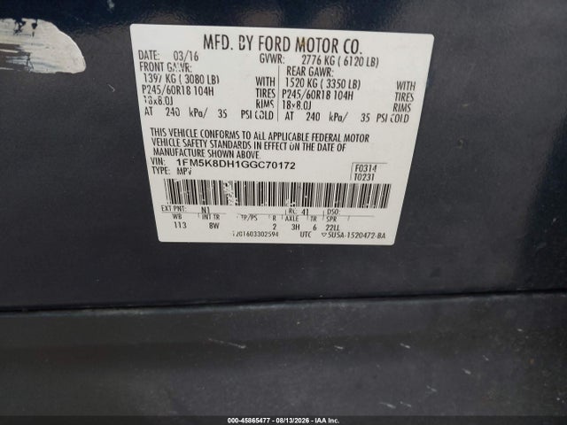 Aukcja sprzedaży 2016 Ford Explorer Xlt, vin: 1FM5K8DH1GGC70172, numer aukcji: 45865477