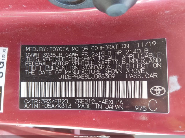 2020 Toyota Corolla Le მანქანა იყიდება აუქციონზე, vin: JTDEPRAE8LJ088309, აუქციონის ნომერი: 45865478