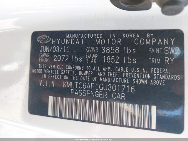 Продажа на аукционе авто 2016 Hyundai Veloster Turbo R-spec, vin: KMHTC6AE1GU301716, номер лота: 45865482