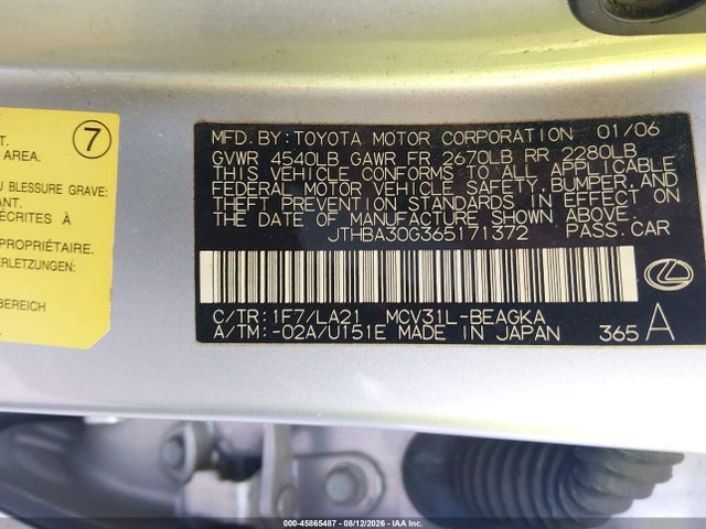 Aukcja sprzedaży 2006 Lexus Es 330, vin: JTHBA30G365171372, numer aukcji: 45865487