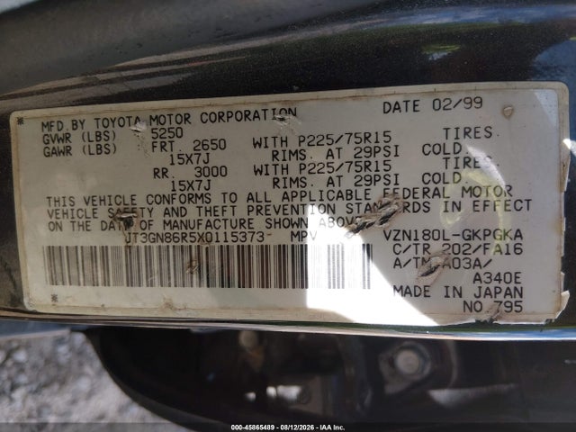 45865489 :رقم المزاد ، JT3GN86R5X0115373 vin ، 1999 Toyota 4runner Sr5 V6 مزاد بيع