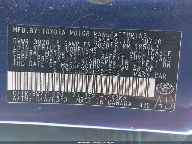 Продаж на аукціоні авто 2019 Toyota Corolla Se, vin: 2T1BURHE2KC190653, номер лоту: 45865491