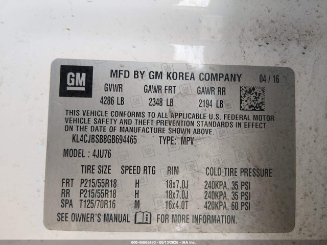 Aukcja sprzedaży 2016 Buick Encore Convenience, vin: KL4CJBSB8GB694465, numer aukcji: 45865493