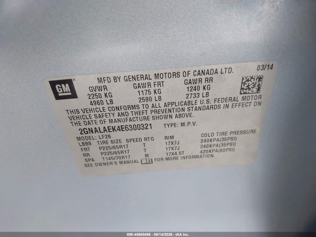 2014 Chevrolet Equinox Ls მანქანა იყიდება აუქციონზე, vin: 2GNALAEK4E6300321, აუქციონის ნომერი: 45865498
