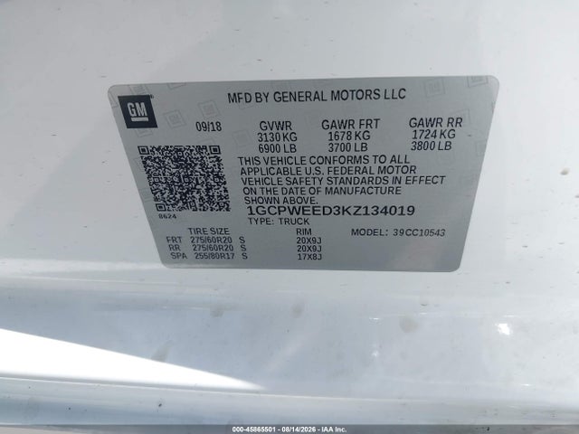 45865501 :رقم المزاد ، 1GCPWEED3KZ134019 vin ، 2019 Chevrolet Silverado 1500 Ltz مزاد بيع