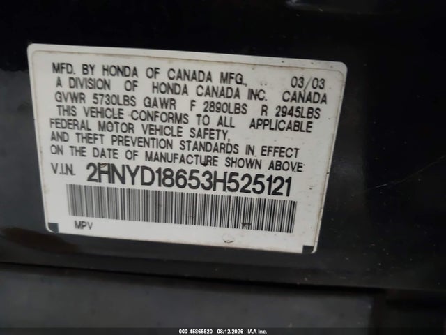 45865520 :رقم المزاد ، 2HNYD18653H525121 vin ، 2003 Acura Mdx مزاد بيع