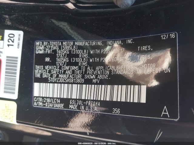 45865525 :رقم المزاد ، 5TDYZ3DC5HS813809 vin ، 2017 Toyota Sienna Xle 8 Passenger مزاد بيع